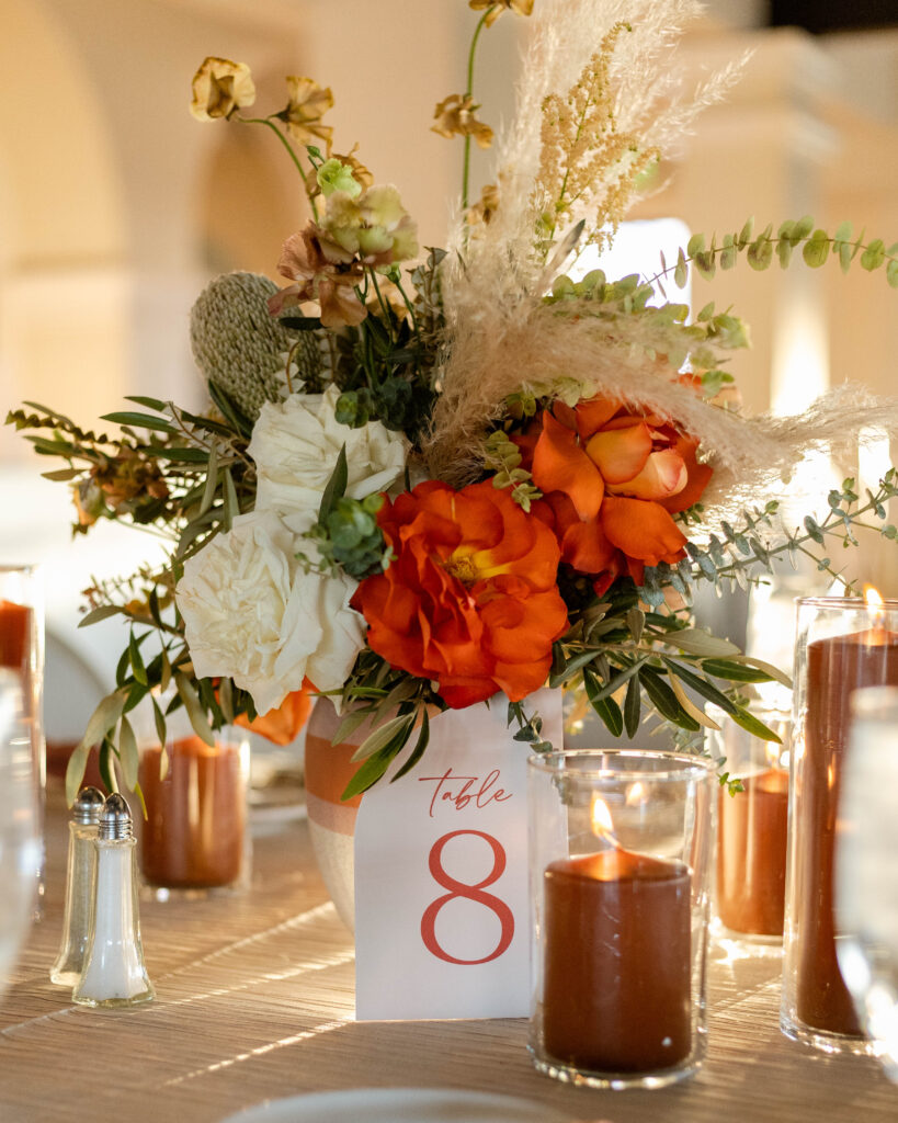 Wedding florals and table numbers at Arizona wedding venue