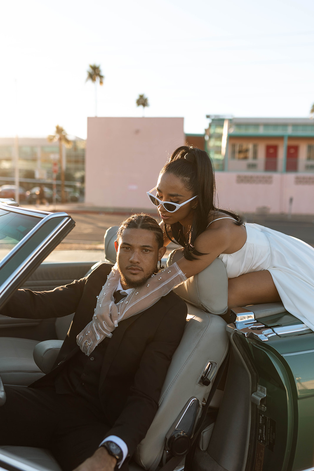 South Asian Bride and New Zealander Groom in a classic car for an epic elopment