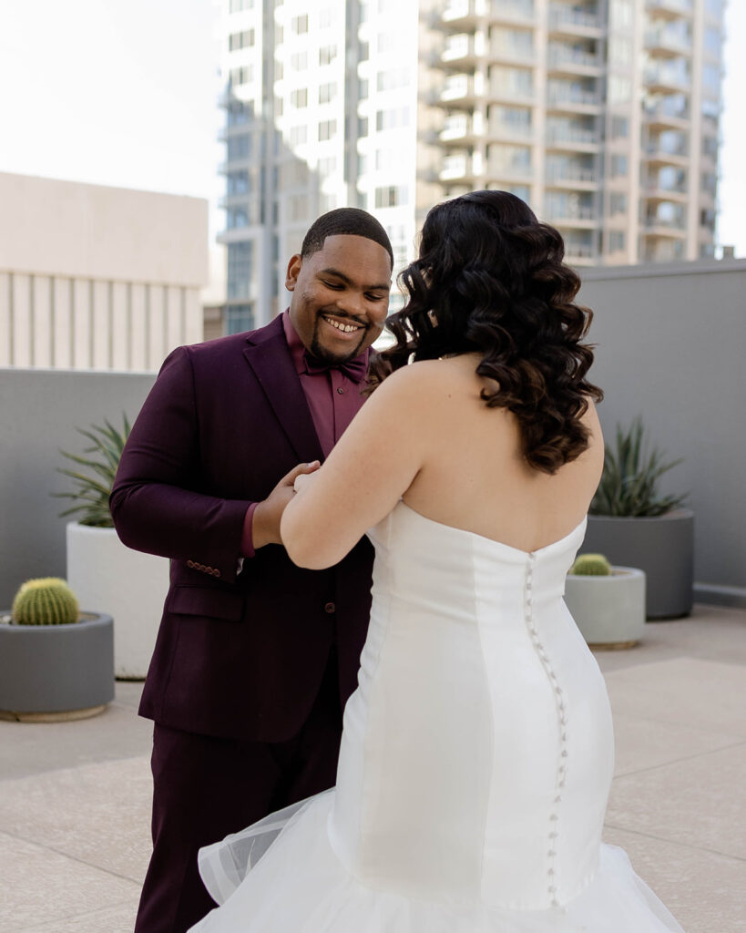 First look with groom at the Renaissance Phoenix Hotel Downtown
