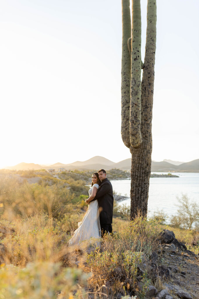 South asian couple in Arizona desert for wedding photos