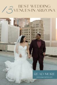 Interracial couple on wedding day with pearl veil on top of downtown phoenix rooftop